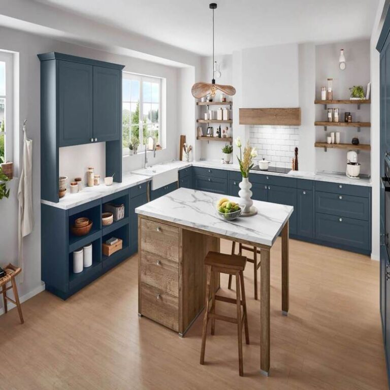 Dunkelblaue Landhausküche Küche im Landhausstil in Dunkelblau mit Marmor-Kochinsel, Holzregalen und Barhockern – Küchenberatung Koblenz